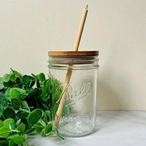 16 oz Reusable Glass Mason Wide Mouth Bamboo Tumbler Set